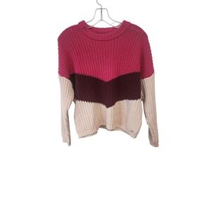 Guess XS Color Block Knit Sweater Pink Brown Cream Oversized Pullover‎